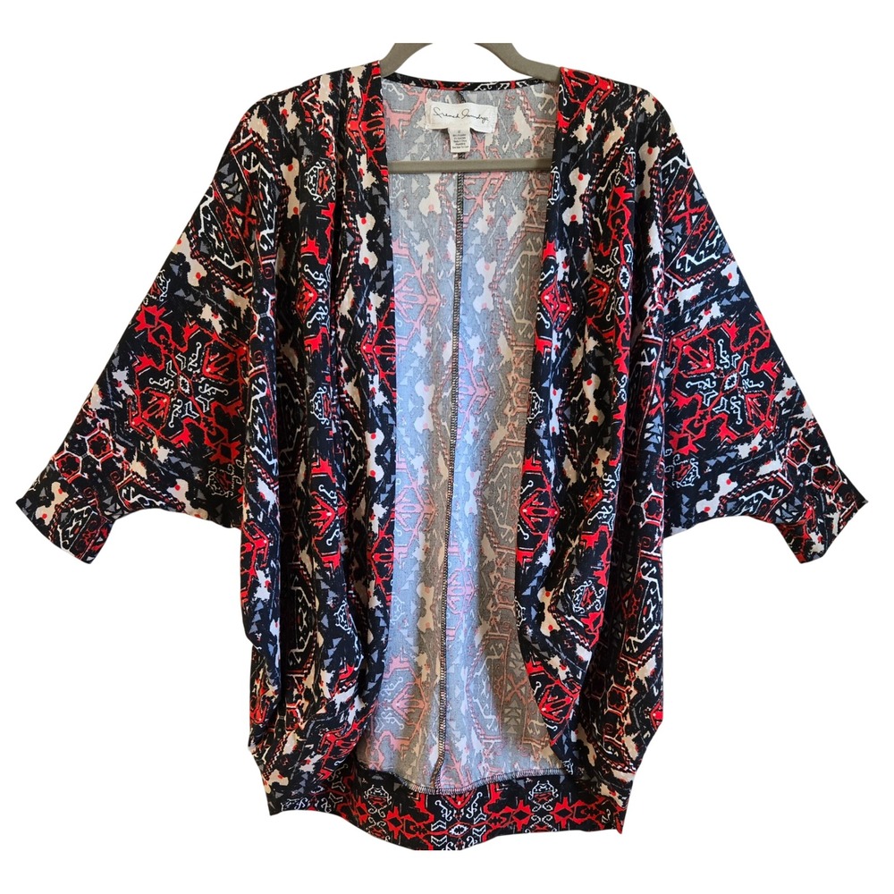 French Laundry Womens Red Black Tribal Geometric Open Front Cocoon Cardigan M